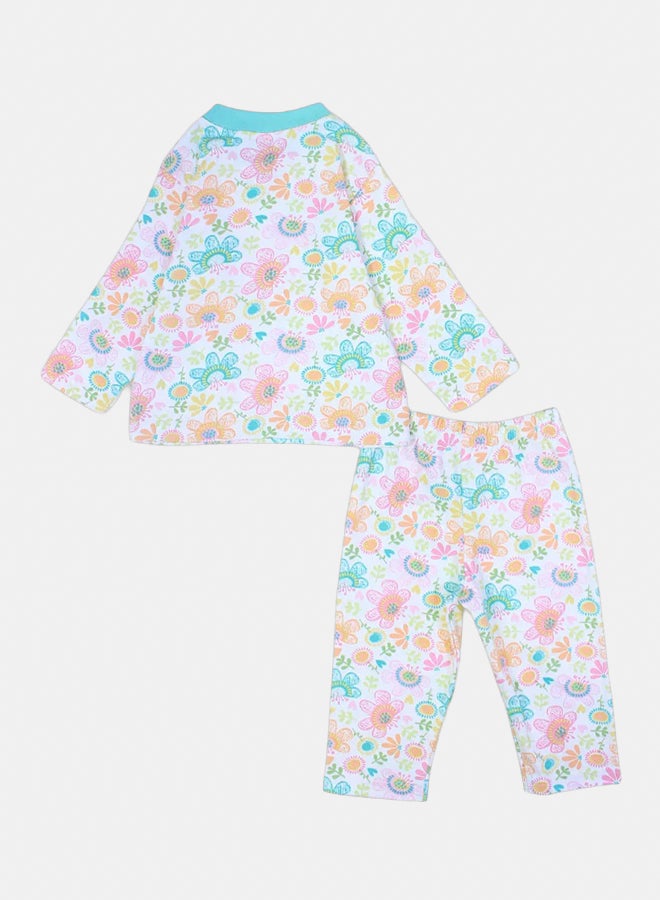 الصياد طقم بيجامة بناتي قطن باللونين أوف وايت وأزرق فاتح بطبعة ورود - Image 2