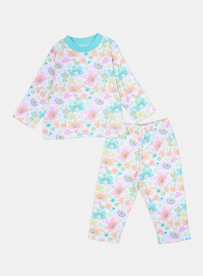 الصياد طقم بيجامة بناتي قطن باللونين أوف وايت وأزرق فاتح بطبعة ورود - Image 1