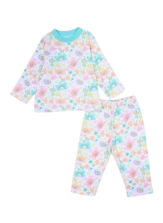 الصياد طقم بيجامة بناتي قطن باللونين أوف وايت وأزرق فاتح بطبعة ورود - Image 1