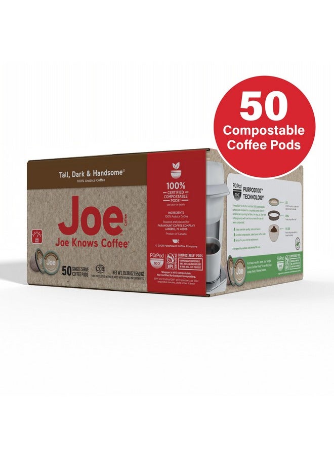 Joe Knows Coffee - Joe Knows Coffee Single Serve Coffee, Tall Dark and Handsome, 50 Count BPI certified compostable pods - Image 1