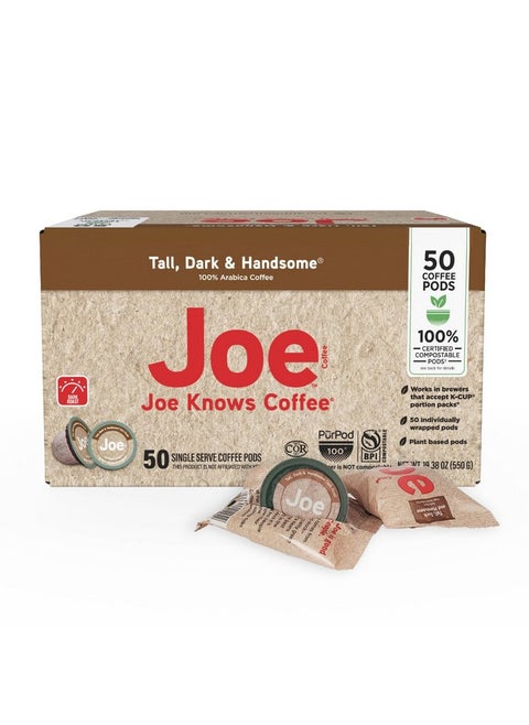 Joe Knows Coffee Single Serve Coffee, Tall Dark and Handsome, 50 Count BPI certified compostable pods