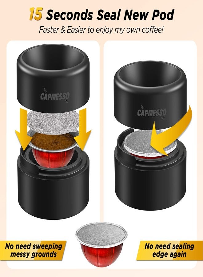 CAPMESSO Reusable Vertuo Pod Refill Kit, Faster Seal Reusable Nespresso Vertuo Pods with Fill & Press Brush,100pcs Aluminum Foil Lids for Refillable Nespresso Pods Vertuo - Image 2