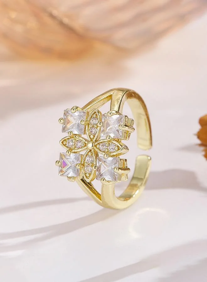 Gold Tone Embellished Clover Adjustable Ring