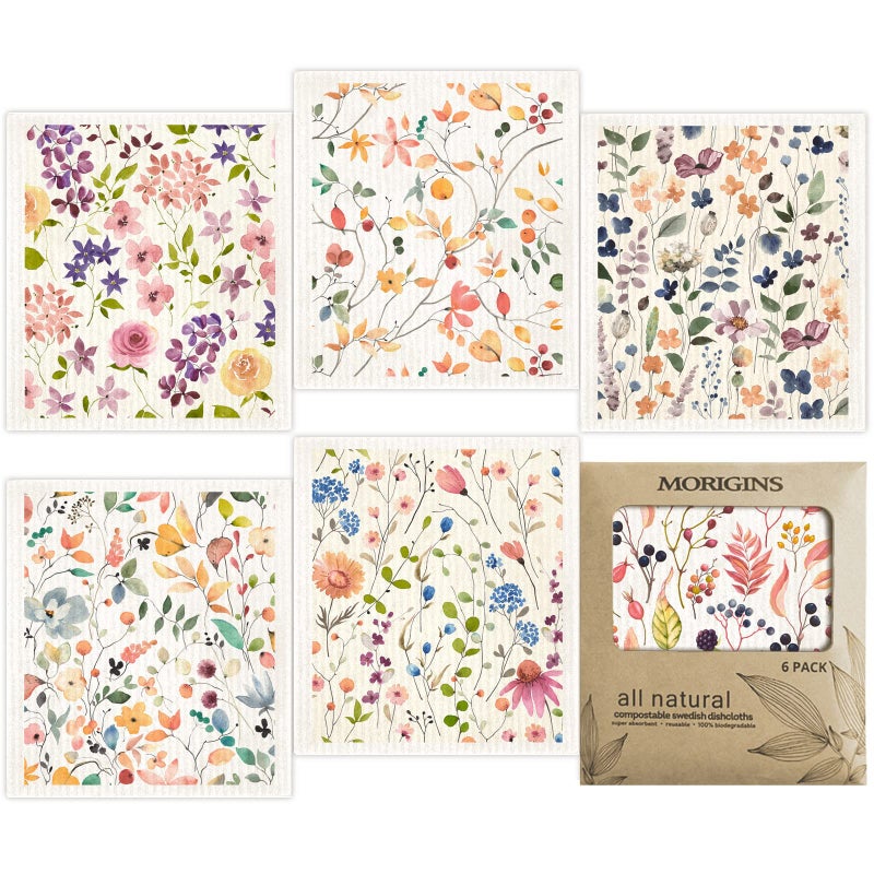 Morigins Floral Swedish Dish Cloths  6 Pack Reusable Compostable Kitchen ClothCellulose Sponge Dish Cloths Dish Towel Set