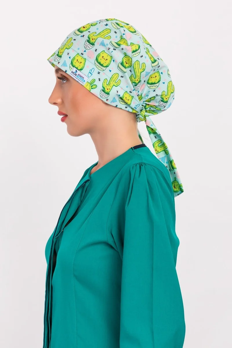Nur Medikal Giyim Nur Medical Clothing Happy Cactus Patterned Nurse Doctor Hijab Bonnet