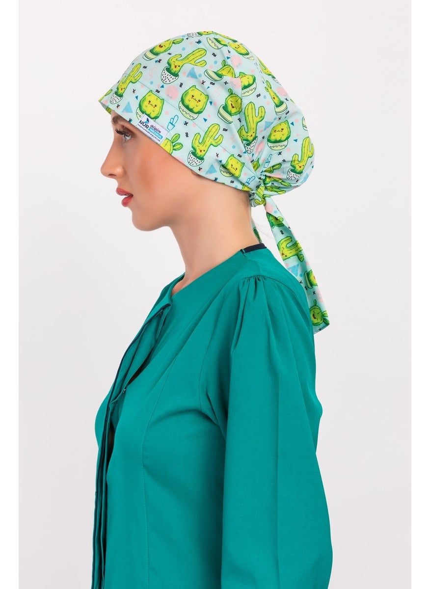 Nur Medikal Giyim Nur Medical Clothing Happy Cactus Patterned Nurse Doctor Hijab Bonnet  - Image 3
