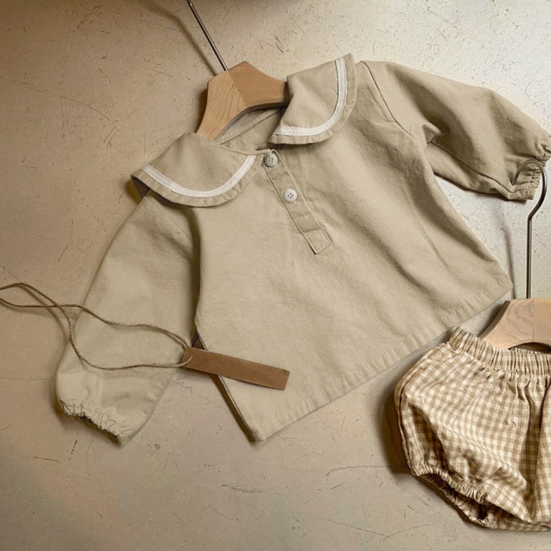 2024 Fall Korean Baby Nautical Check Top and Shorts Set Apricot suit 