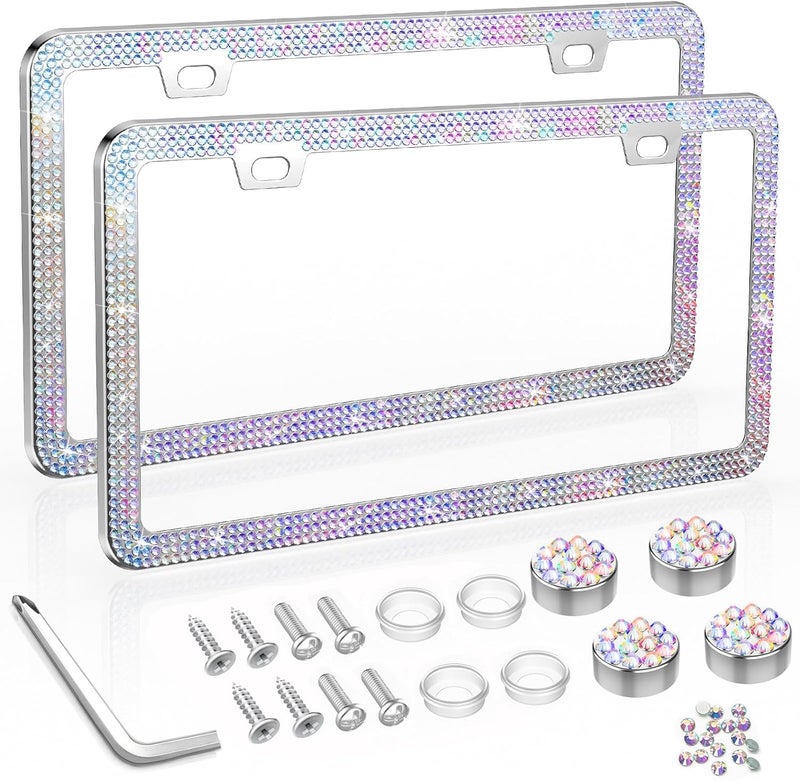 SHARE&CARE Bling License Plate Frame with Rhinestone Crystal Diamond Screw Set - 2 Pack (AB Color) - Image 1