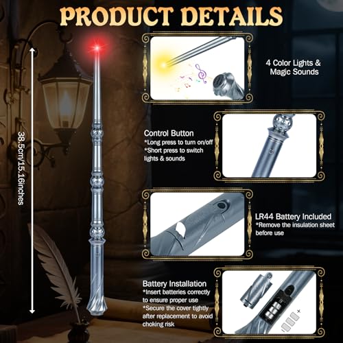 Maikoi Light Up Magic Wizard Wand with Sounds 4 Color Lights Illuminating Witch Toys for Kids Cosplay Party Birthday Gift Silver 2PCS - Image 5
