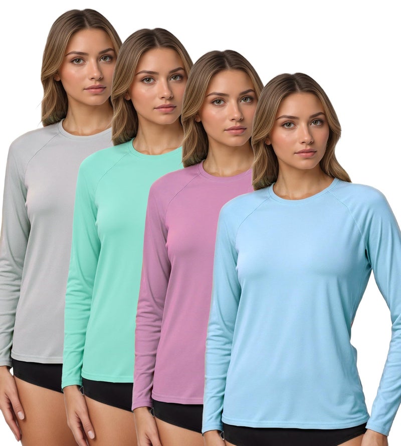 Kinglaman 4 Pack Rash Guard for Women UPF 50+ SPF UV Sun Protection Long Sleeve Swim Shirt Workout Hiking Tops 1 Gray 1 Blue 1 Green 1 Pink Large - Image 1