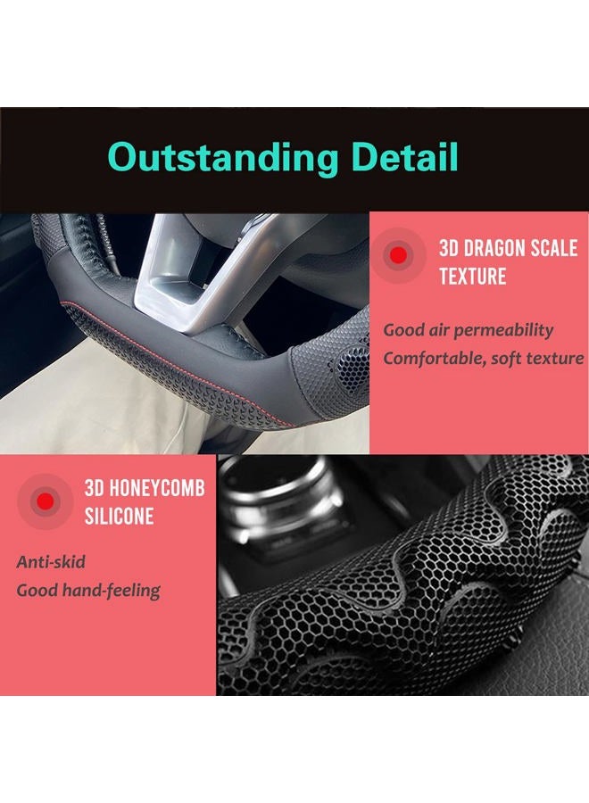PINCTROT D Shaped 14.5-15 Inch Steering Wheel Cover Great Grip with 3D Honeycomb Anti-Slip Design, Flat Bottom 14.5-15 Inch (Black/Red Stitch) - Image 3