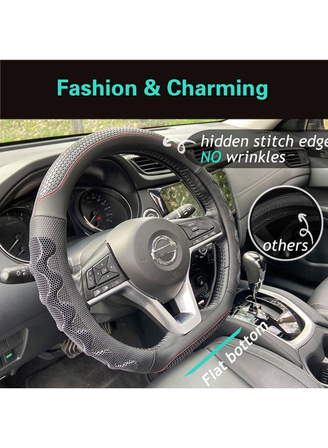 PINCTROT D Shaped 14.5-15 Inch Steering Wheel Cover Great Grip with 3D Honeycomb Anti-Slip Design, Flat Bottom 14.5-15 Inch (Black/Red Stitch) - Image 2