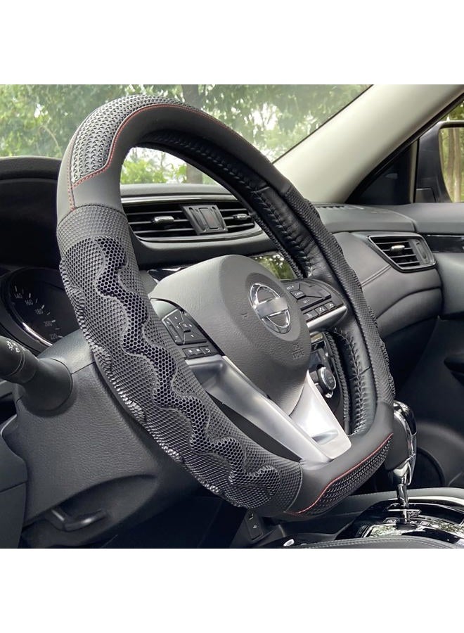 PINCTROT D Shaped 14.5-15 Inch Steering Wheel Cover Great Grip with 3D Honeycomb Anti-Slip Design, Flat Bottom 14.5-15 Inch (Black/Red Stitch) - Image 1
