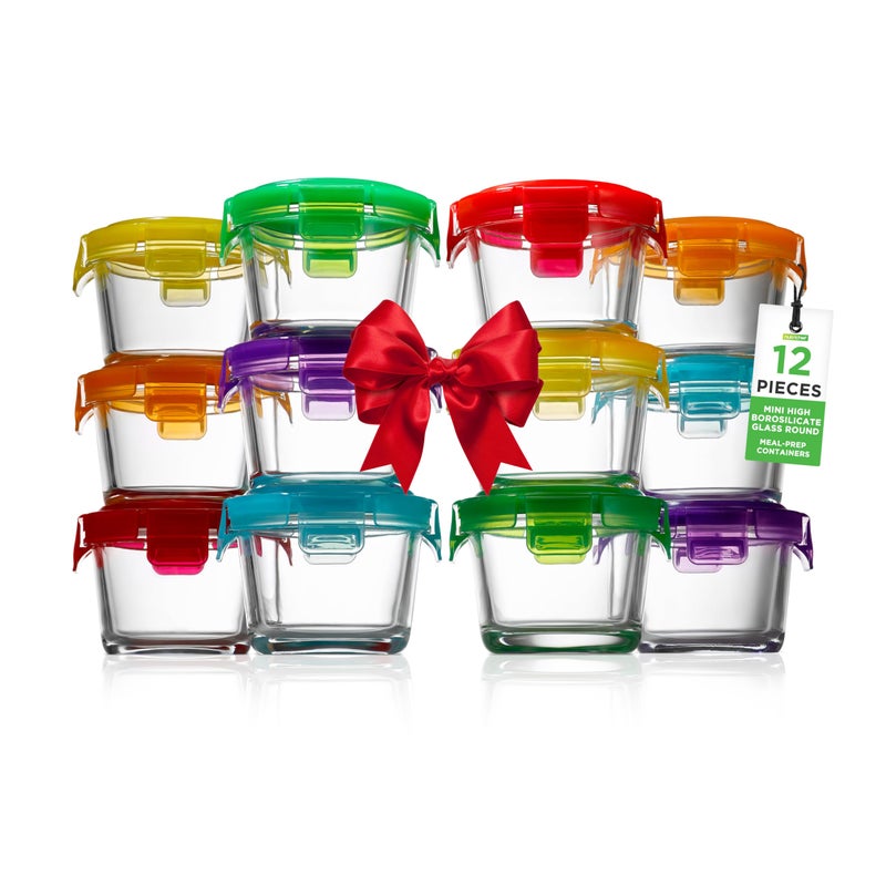 NutriChef 24-Piece (12 Glass Food Storage Containers and 12 Lids), 4.48oz Mini Stackable Meal Prep Round Containers - Microwave, Freezer, & Dishwasher Safe For Baby Food, Snacks, Fruits, Nuts & More - Image 1