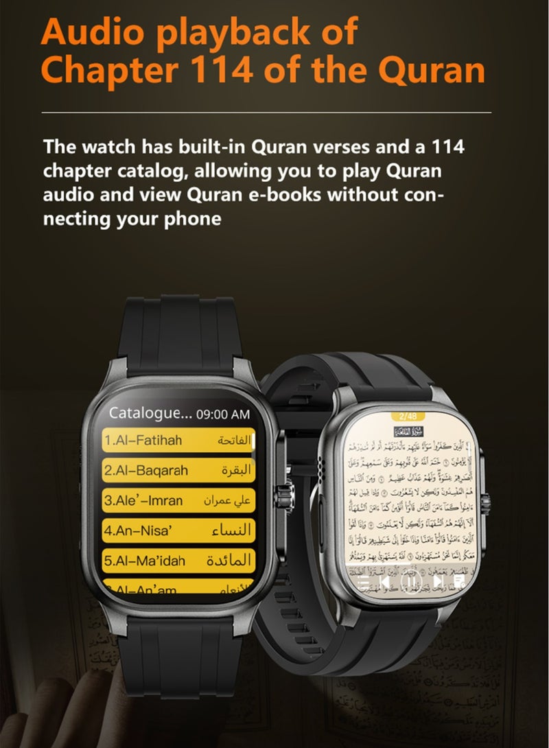 لييج ساعة ذكية للمسلمين مع مؤشر القبلة وصوت الصلاة بما في ذلك 114 فصلاً من الآيات القرآنية 2.01 بوصة 400 مللي أمبير ساعة رياضية متعددة الوظائف مكالمات بلوتوث مقاومة للماء ساعات ذكية سوداء للرجال والنساء - Image 3