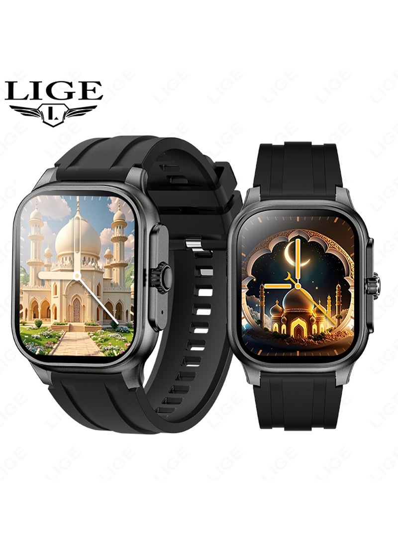 لييج ساعة ذكية للمسلمين مع مؤشر القبلة وصوت الصلاة بما في ذلك 114 فصلاً من الآيات القرآنية 2.01 بوصة 400 مللي أمبير ساعة رياضية متعددة الوظائف مكالمات بلوتوث مقاومة للماء ساعات ذكية سوداء للرجال والنساء - Image 1