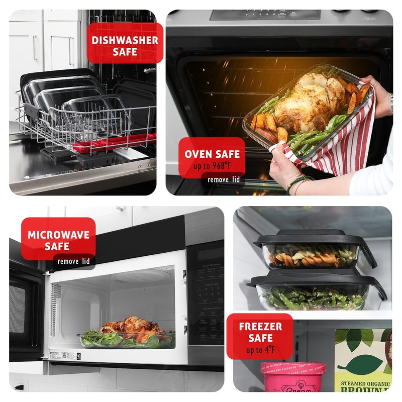 EATEX 8-Piece Deep Glass Casserole Dishes for Oven with Plastic Lids, Glass Baking Dishes for Oven, Rectangular Bakeware for Lasagna, Cooking, Leftovers, Kitchen, Freezer to Oven Dishwasher Safe - Image 3