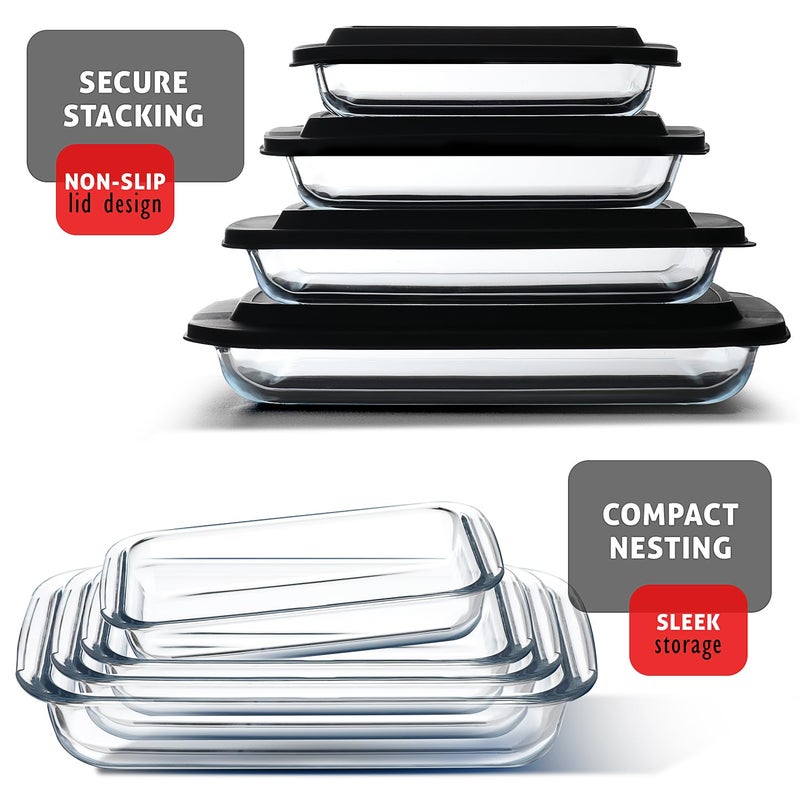 EATEX 8-Piece Deep Glass Casserole Dishes for Oven with Plastic Lids, Glass Baking Dishes for Oven, Rectangular Bakeware for Lasagna, Cooking, Leftovers, Kitchen, Freezer to Oven Dishwasher Safe - Image 5