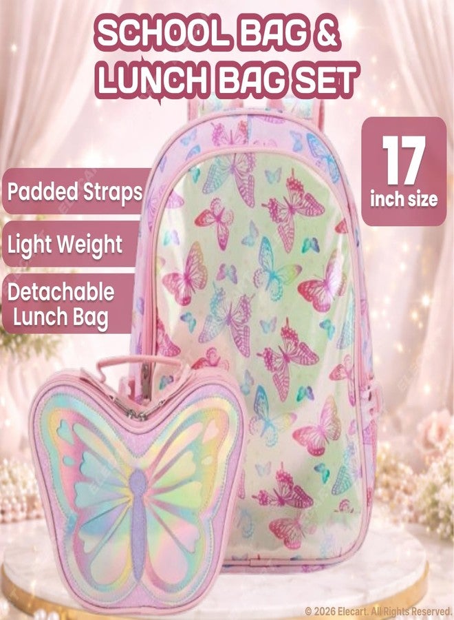 Elecart Butterfly Backpack & Shaped Lunch Box Set for Girls | 17 Inch School Bag with Insulated Lunch Bag | Cute Kids Backpack with Laptop Sleeve, Water Bottle Pocket, Padded Straps | School Bag Combo - Image 2