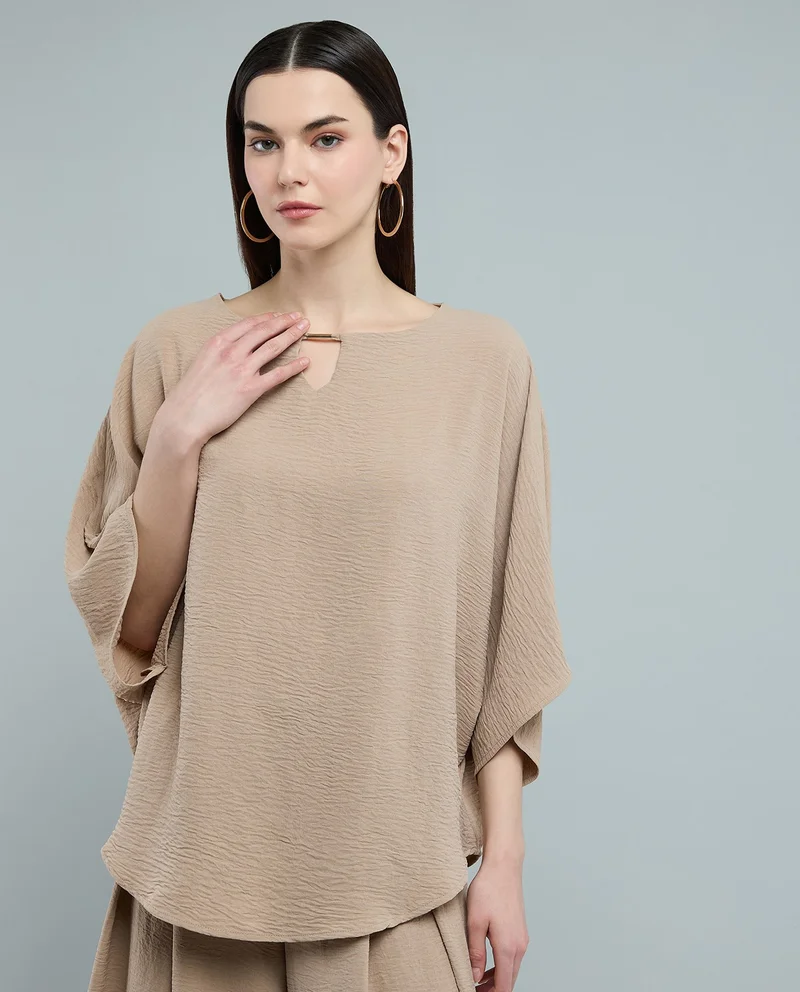 أر أند بي Textured Top with Keyhole Neck and Batwing Sleeves