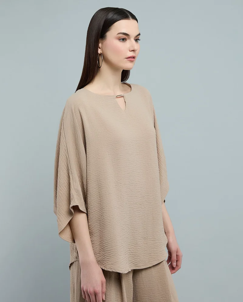 أر أند بي Textured Top with Keyhole Neck and Batwing Sleeves