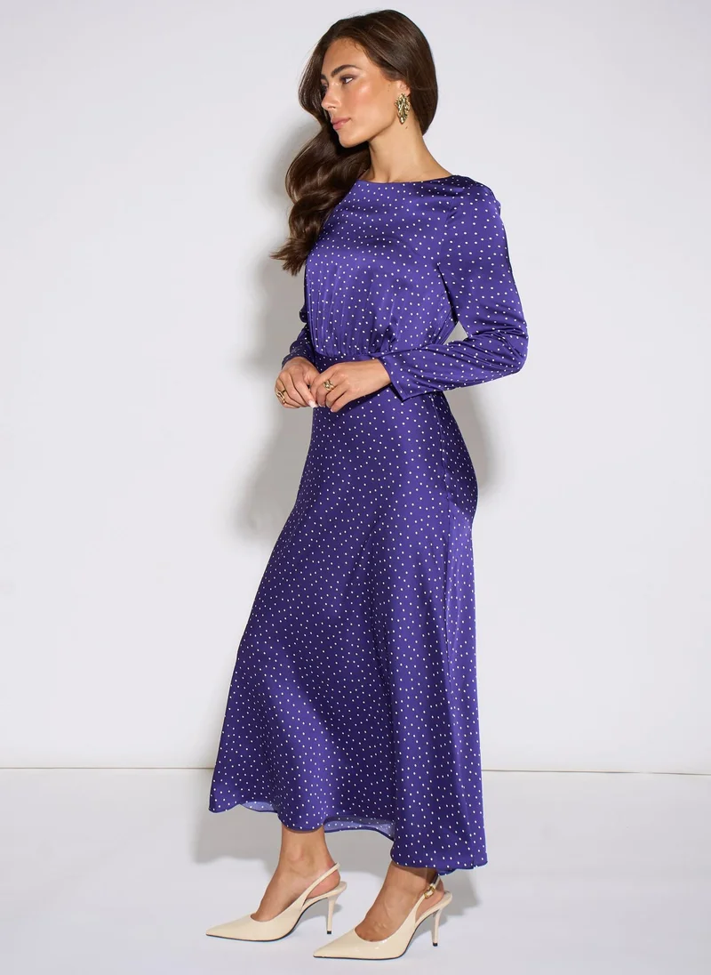 Gini London  Blue Spot Long Sleeves Satin Midi Dress for Women | Best Price UAE