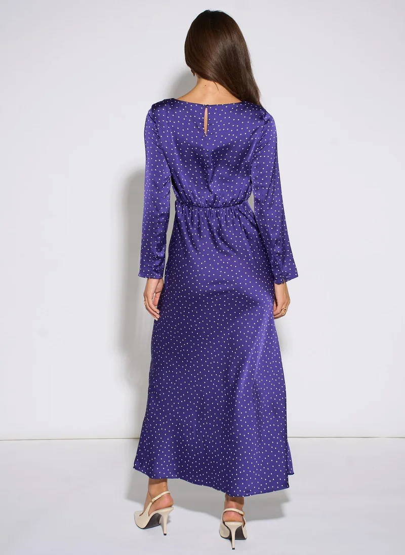Gini London  Blue Spot Long Sleeves Satin Midi Dress for Women | Best Price UAE