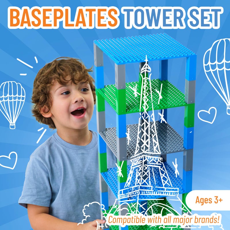 Strictly Briks Compatible with Lego Classic Stackable Baseplates 6x6 Inch Brik Tower - 100% Compatible with All Major Brands - 6 Baseplates & 50 Stackers - Blue, Green & Gray - Image 2