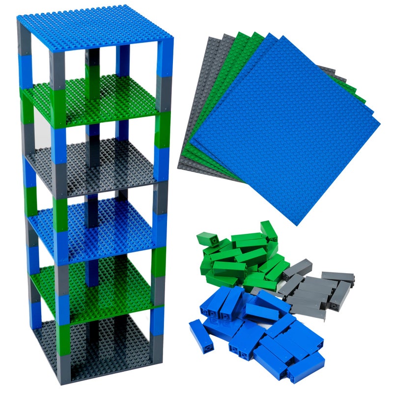 Strictly Briks Compatible with Lego Classic Stackable Baseplates 6x6 Inch Brik Tower - 100% Compatible with All Major Brands - 6 Baseplates & 50 Stackers - Blue, Green & Gray - Image 1