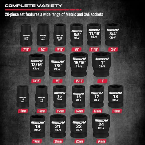 SEDY طقم مفاتيح ربط بمقاس 1/2 بوصة: 25 قطعة من مفاتيح الربط SAE وMetric مع صندوق تخزين لصيانة الميكانيكيين في المرآب - Image 2