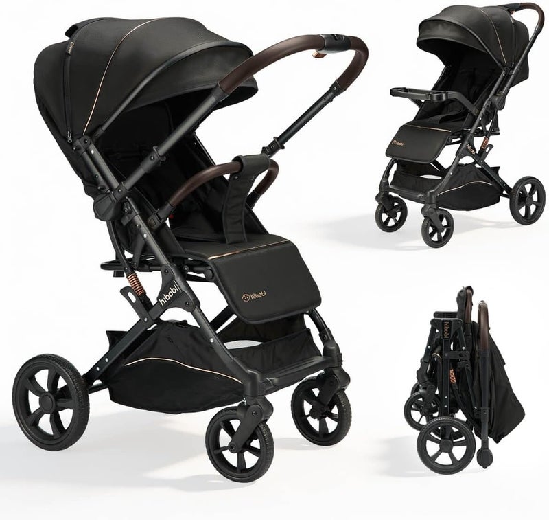 hibobi Cirro Reversible Lightweight Baby Stroller, Foldable Compact Stroller with Large Canopy, 7.9kg One-Hand Easy Fold, Smooth Ride Suspension for Toddlers,Gold (Black) - Image 1