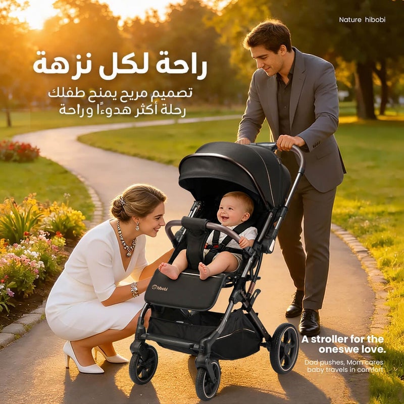 hibobi Cirro Reversible Lightweight Baby Stroller, Foldable Compact Stroller with Large Canopy, 7.9kg One-Hand Easy Fold, Smooth Ride Suspension for Toddlers,Gold (Black) - Image 2