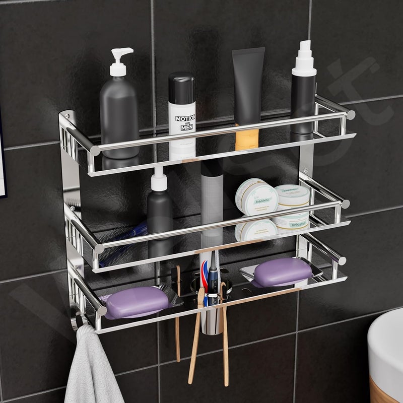 Well Set Multipurpose Hardware Tools Bathroom & Double Dish&Tumbler&Soap&Tooth Brush Holder/Towel Holder Stainless Steel Wall Shelf, Silver - Image 1