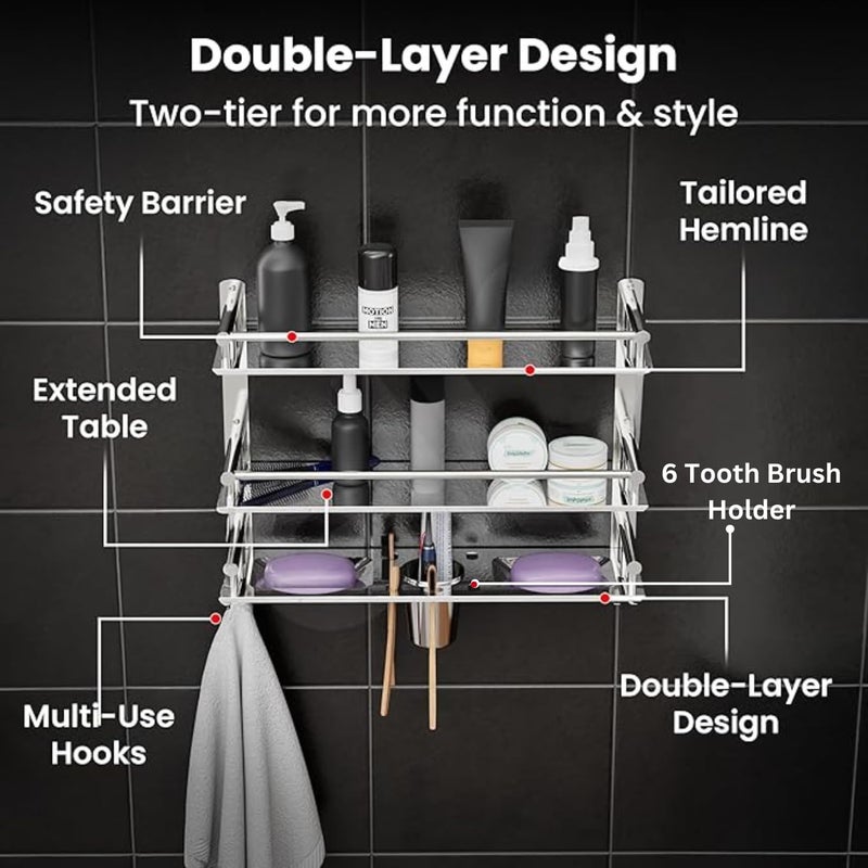 Well Set Multipurpose Hardware Tools Bathroom & Double Dish&Tumbler&Soap&Tooth Brush Holder/Towel Holder Stainless Steel Wall Shelf, Silver - Image 3