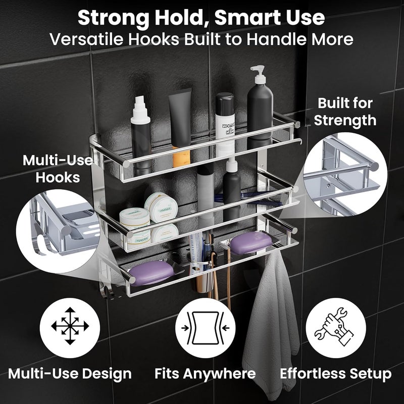 Well Set Multipurpose Hardware Tools Bathroom & Double Dish&Tumbler&Soap&Tooth Brush Holder/Towel Holder Stainless Steel Wall Shelf, Silver - Image 4