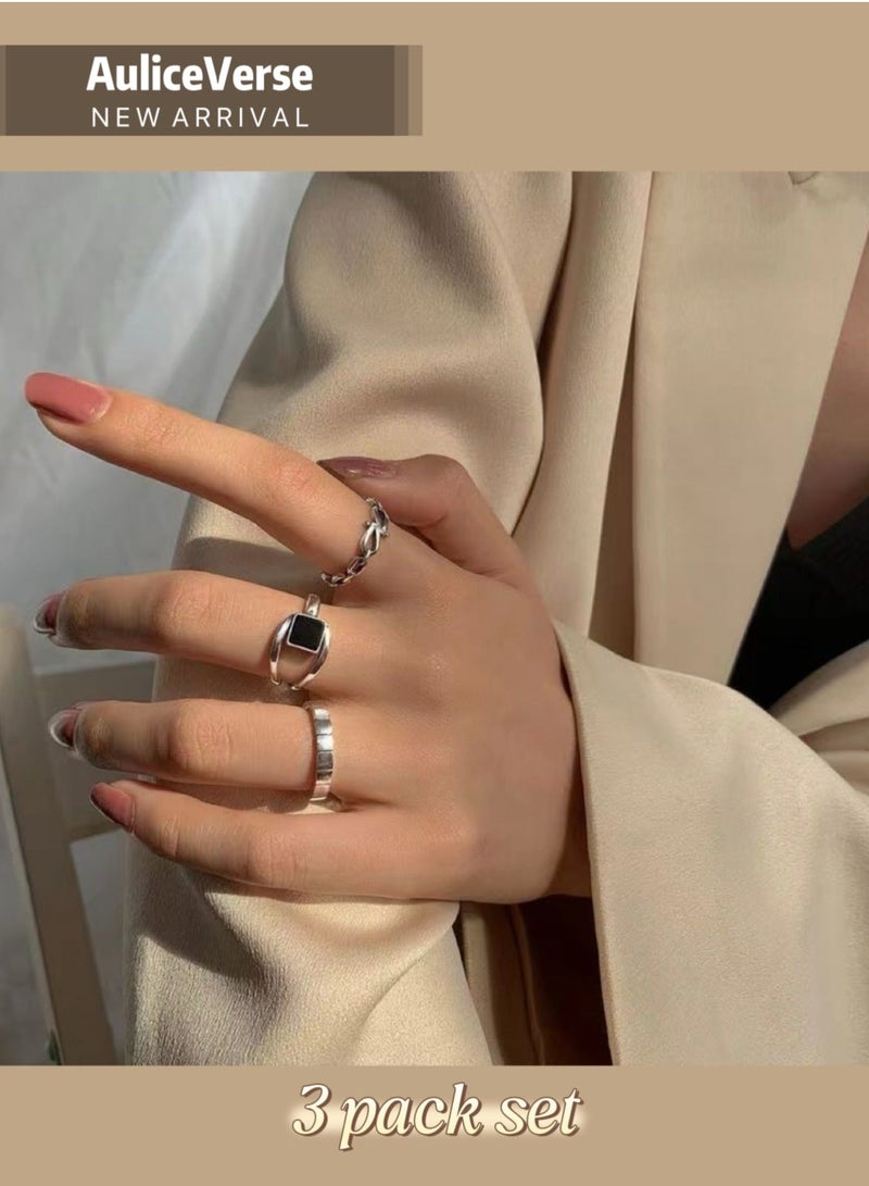 AuliceVerse 3-Piece Stackable Geometric Ring Set for Women Man, Black Square Enamel Open Rings, Silver Tone Alloy Minimalist Stacking Jewelry - Image 1