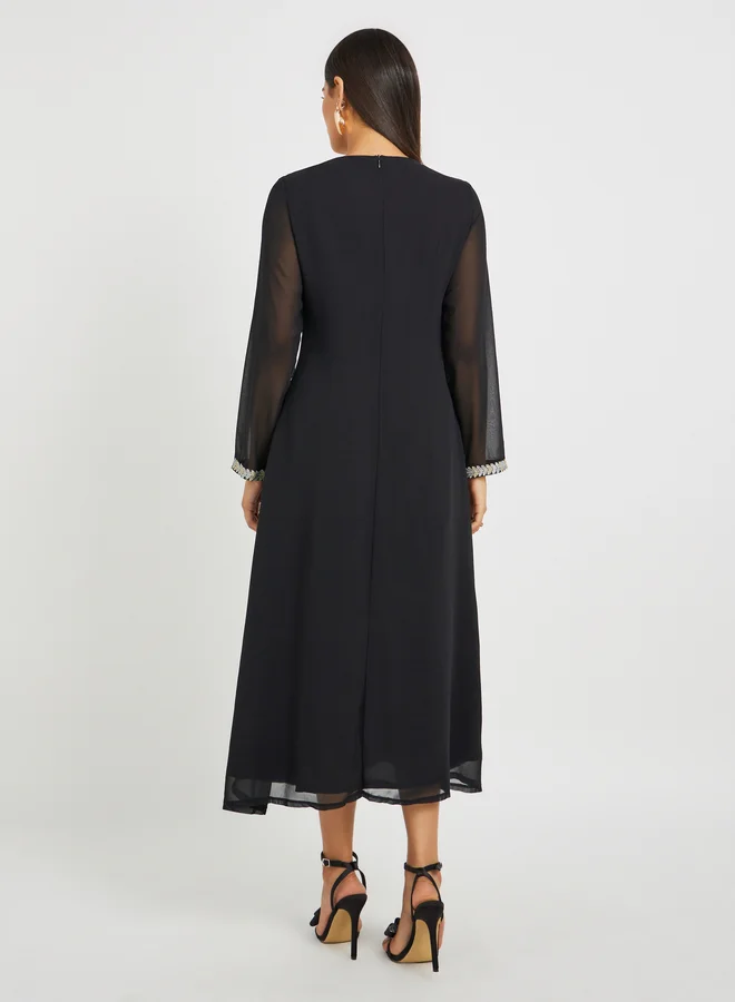 Take Two Take Two Embroidered Lace Detail Round Neck A-Line Jalabiya