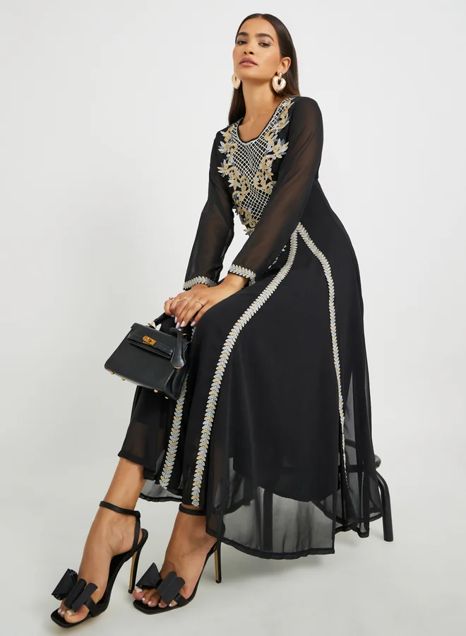 تايك تو Take Two Embroidered Lace Detail Round Neck A-Line Jalabiya
