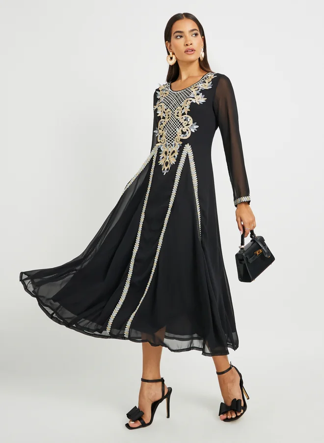 تايك تو Take Two Embroidered Lace Detail Round Neck A-Line Jalabiya