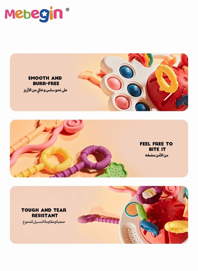 MEBEGIN - Safe Teething Toys, Octopus Montessori Toys with Bright Colors and Unique Shape, Early Development Activity Silicone Pull String Toys, Developmental Pulling Teething Baby Sensory Toy with Sliding Magic Balls and Simple Bubble - Image 1