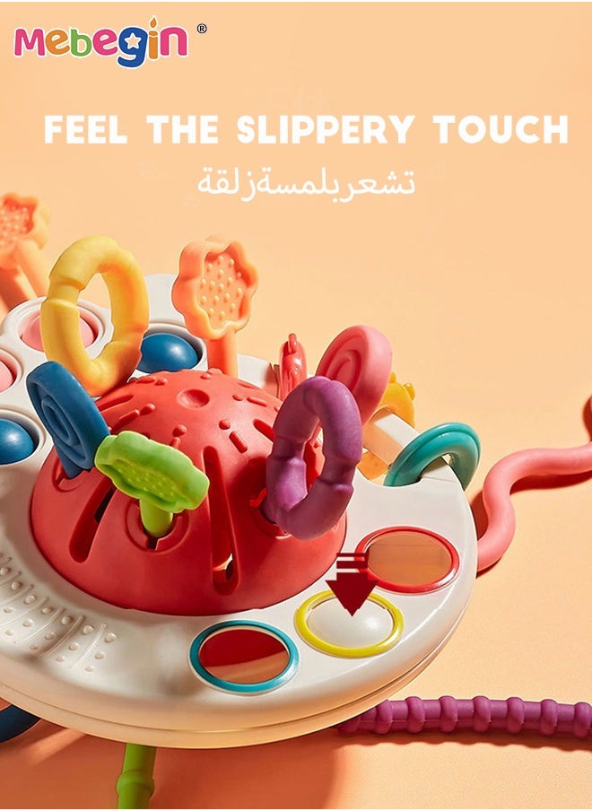 MEBEGIN - Safe Teething Toys, Octopus Montessori Toys with Bright Colors and Unique Shape, Early Development Activity Silicone Pull String Toys, Developmental Pulling Teething Baby Sensory Toy with Sliding Magic Balls and Simple Bubble - Image 1