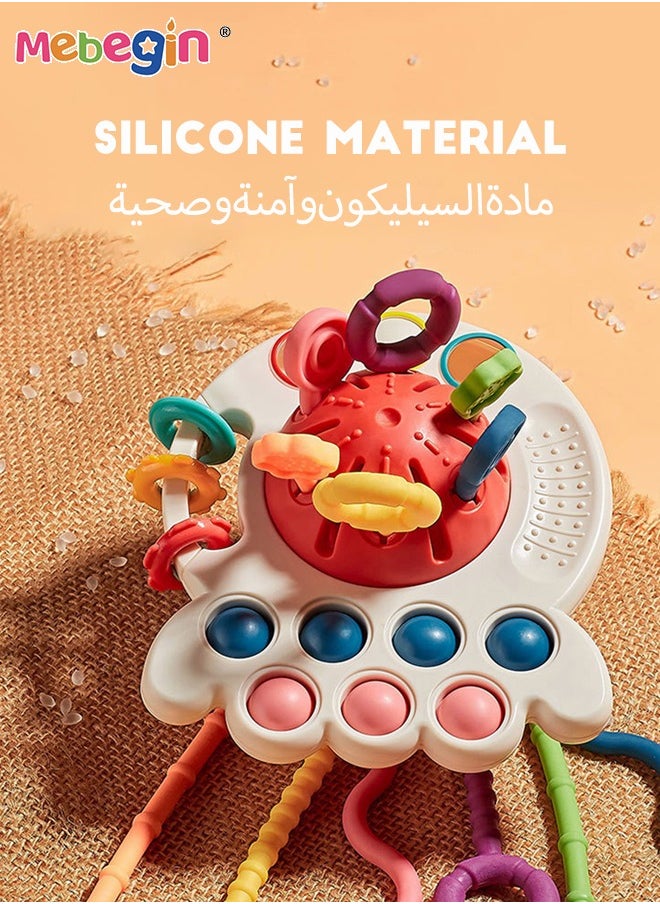MEBEGIN - Safe Teething Toys, Octopus Montessori Toys with Bright Colors and Unique Shape, Early Development Activity Silicone Pull String Toys, Developmental Pulling Teething Baby Sensory Toy with Sliding Magic Balls and Simple Bubble - Image 1