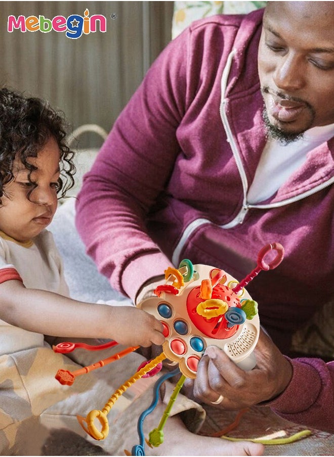 MEBEGIN - Safe Teething Toys, Octopus Montessori Toys with Bright Colors and Unique Shape, Early Development Activity Silicone Pull String Toys, Developmental Pulling Teething Baby Sensory Toy with Sliding Magic Balls and Simple Bubble - Image 1