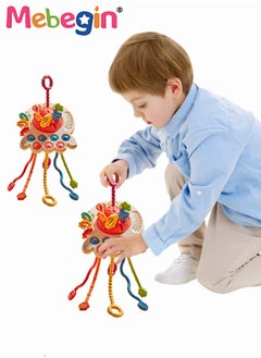 Safe Teething Toys, Octopus Montessori Toys with Bright Colors and Unique Shape, Early Development Activity Silicone Pull String Toys, Developmental Pulling Teething Baby Sensory Toy with Sliding Magic Balls and Simple Bubble