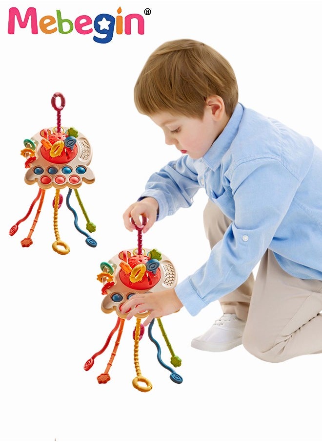MEBEGIN - Safe Teething Toys, Octopus Montessori Toys with Bright Colors and Unique Shape, Early Development Activity Silicone Pull String Toys, Developmental Pulling Teething Baby Sensory Toy with Sliding Magic Balls and Simple Bubble - Image 1