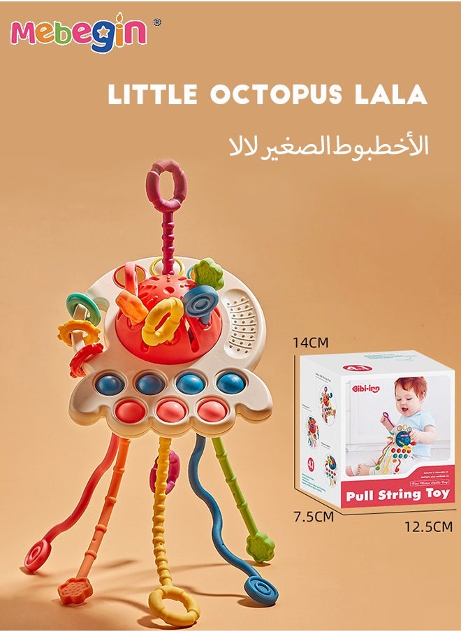 MEBEGIN - Safe Teething Toys, Octopus Montessori Toys with Bright Colors and Unique Shape, Early Development Activity Silicone Pull String Toys, Developmental Pulling Teething Baby Sensory Toy with Sliding Magic Balls and Simple Bubble - Image 1