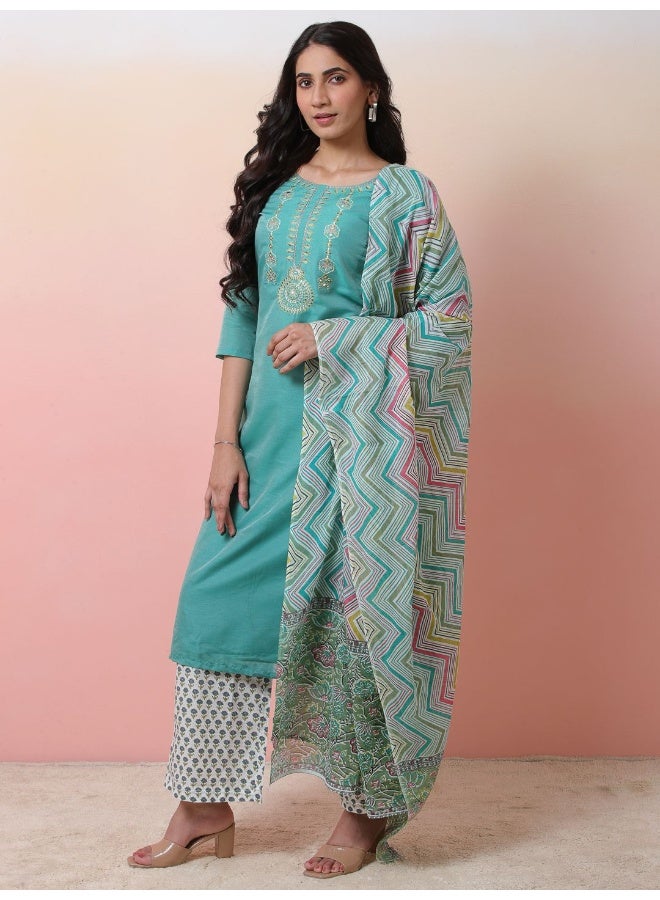 AKS Ethnic Motifs Embroidered Chanderi Silk Kurta With Palazzos & Dupatta - Image 4