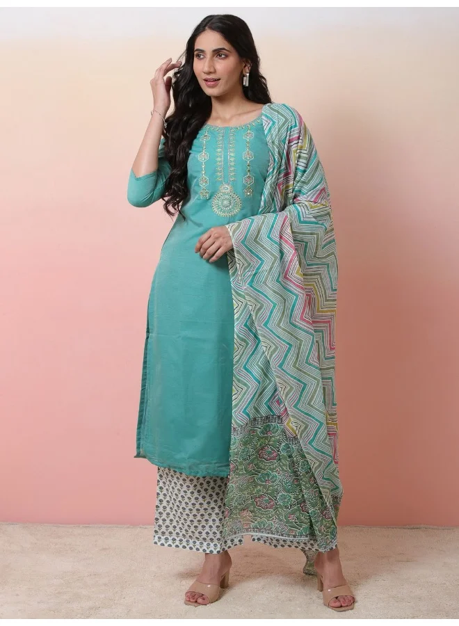 AKS Ethnic Motifs Embroidered Chanderi Silk Kurta With Palazzos & Dupatta