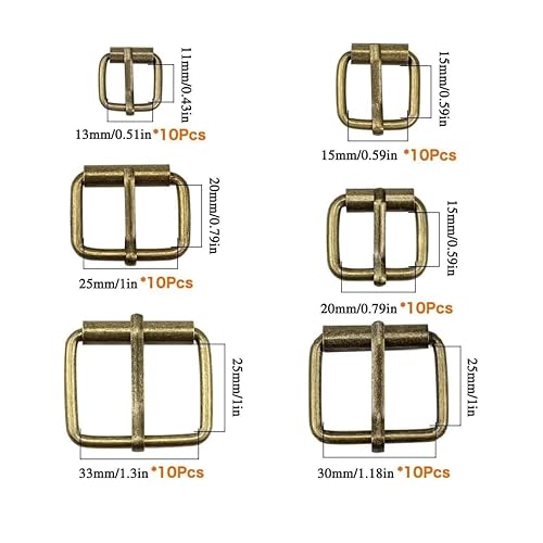 Hysagtek Brass Buckles 60 Pcs Roller Buckles Belts Hardware Pin Buckle for Bags Leather Belt Strap Hand DIY Accessories, 6 Size - 1.3'', 1.18", 1", 0.79", 0.59", 0.51" Bronze Metal - Image 2