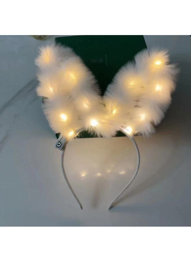Bar Performance Atmosphere Props Luminous Plush Cat Ear Hair Accessories Fox Hairband Night Market Stall Supply Party Accessories-Color:14 Furry Rabbit Ears-white Warm Lamp  - Image 1